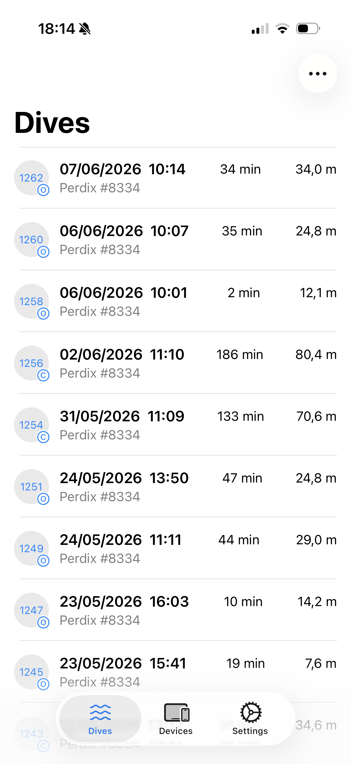 Dive Exporter showing a list of downloaded dives